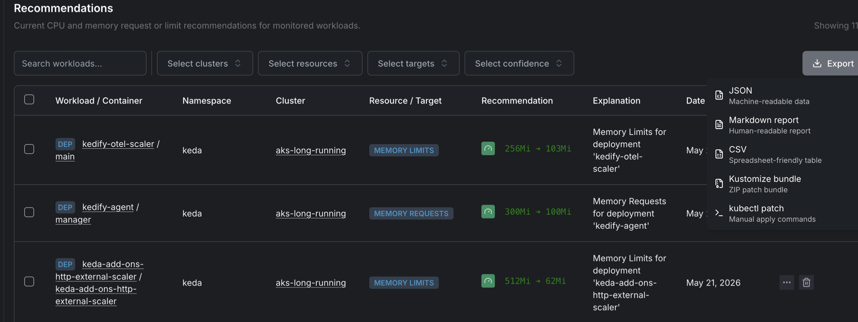 Insights recommendation export